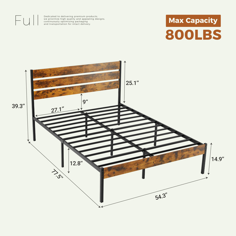 Metal Bed Frame with Wood Headboard, Under-Bed Storage Space, Noise Free Design, Full / Double