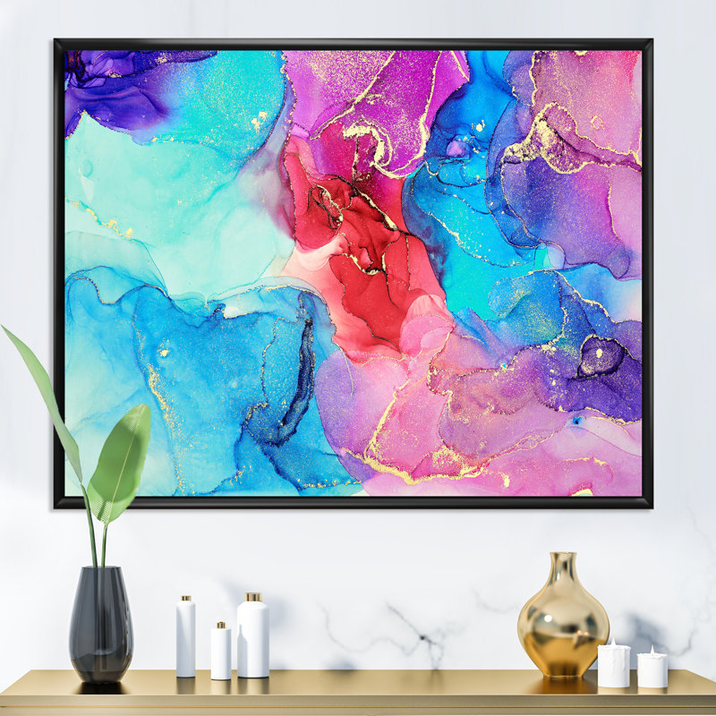 Turquoise luxueux, art abstrait fluide V - peinture sur toile, H 30 po x l 40 po x P 1,5 po, Cadre flottant noir