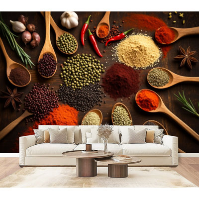 Peel and Stick Wallpaper Assorted Colorful Spices Herbs Wooden Spoons Garlic Chili Peppers Wall Murals 69"H x 96"W Removable PVC Wall Paper Self-Adhesive Wall Decor for Bedroom Living Room Home Office