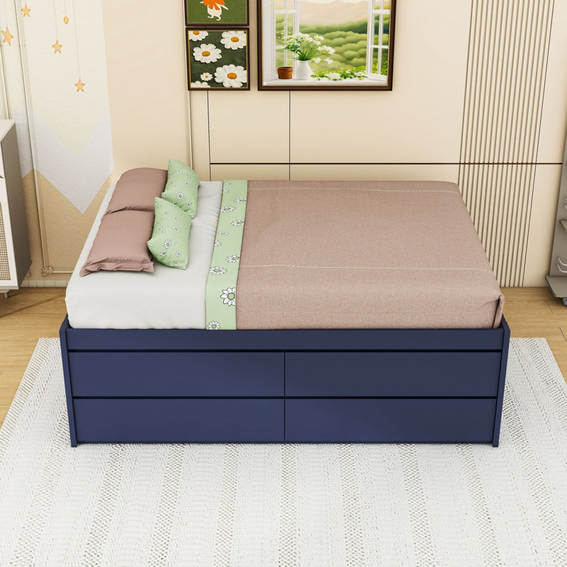 Lit plateforme de rangement en bois avec tiroirs, Lit double, Navy Blue