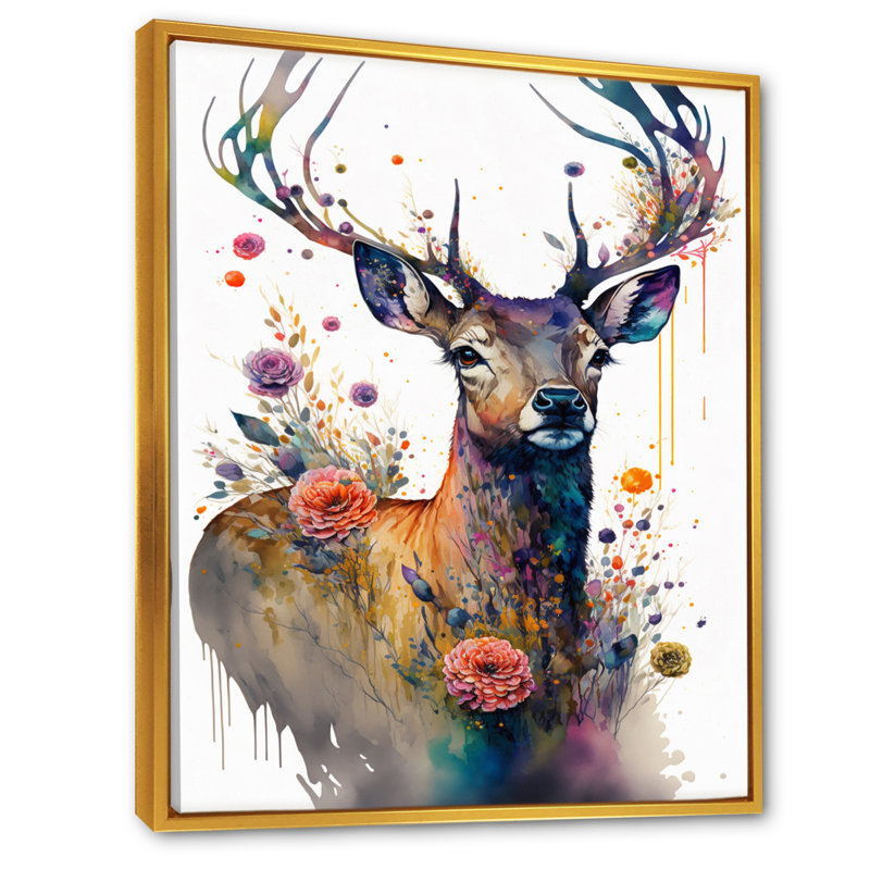 " Cute Deer Floral Art I " Painting Print