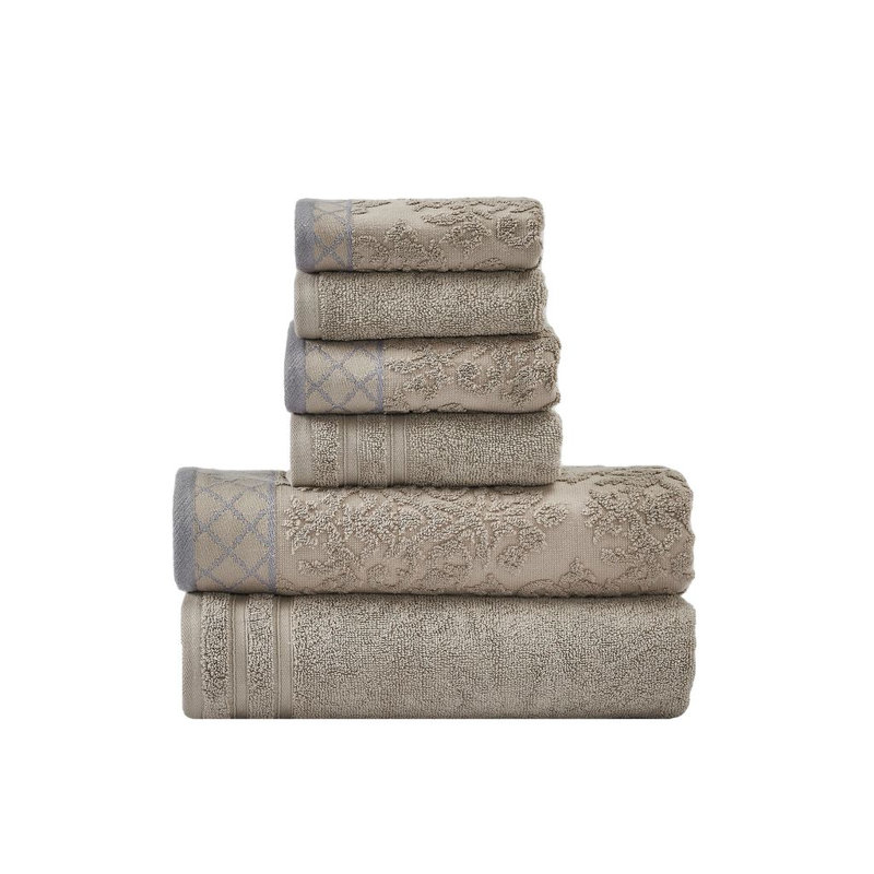 Modern Threads 6-Piece Damask Jacquard/Solid Ultra Soft 550GSM 100% Combed Cotton Towel Set with Embellished Borders, Taupe