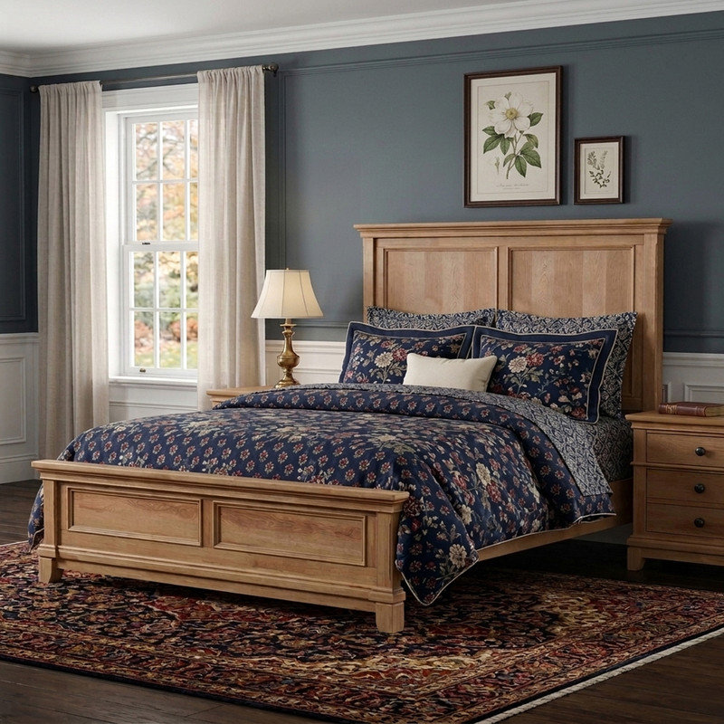 Farmhouse Natural Oak Bed Frame with Plank Headboard, Solid Wood & Engineered Wood Construction, King