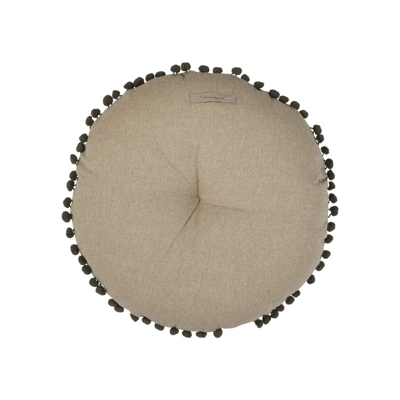 Round Embroidered Cotton Pillow with Pom Pom Trim