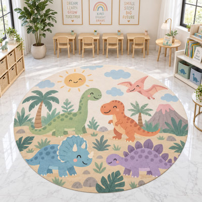 "Ultra Thin" 6' x 6' Dinosaur Prehistoric Round Area Rug, Soft Low Pile Indoor Rug and Non-Slip Silicone Backing Carpet for Classroom, Nursery, Kids Room and Playroom
