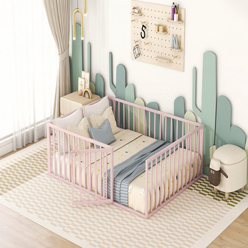 Structure de lit robuste en métal avec clôture et porte, polyvalente et durable pour les chambres modernes, Grand, Rose