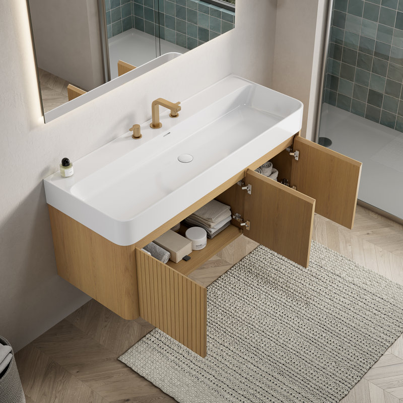 Meuble-lavabo mural cannelé de 48 po, armoire de rangement suspendue, lavabo intégré en surface solide avec 3 trous pré-percés pour robinetterie