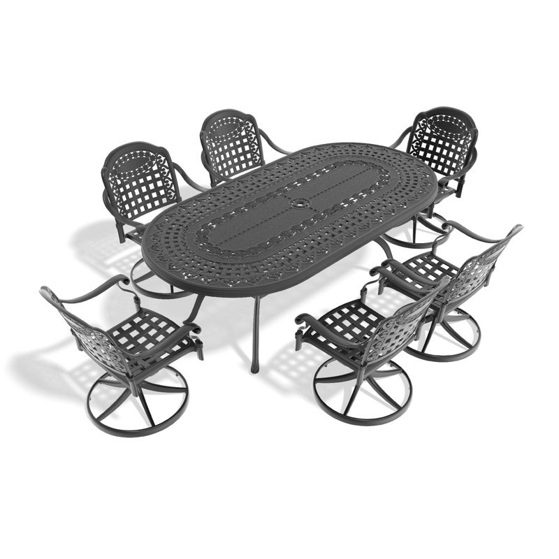 Ensemble de salle à manger 7 pièces en fonte d'aluminium toutes saisons, comprenant 6 chaises pivotantes et une table ovale avec cadre noir
