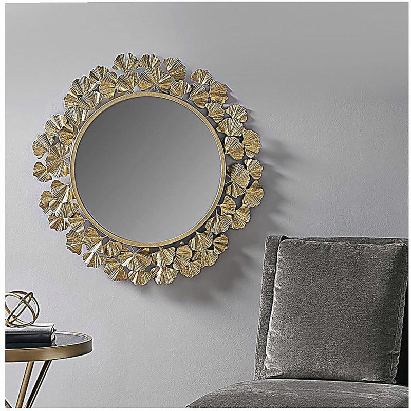 Gold Gingko Leaf Round Wall Mirror 30.5"