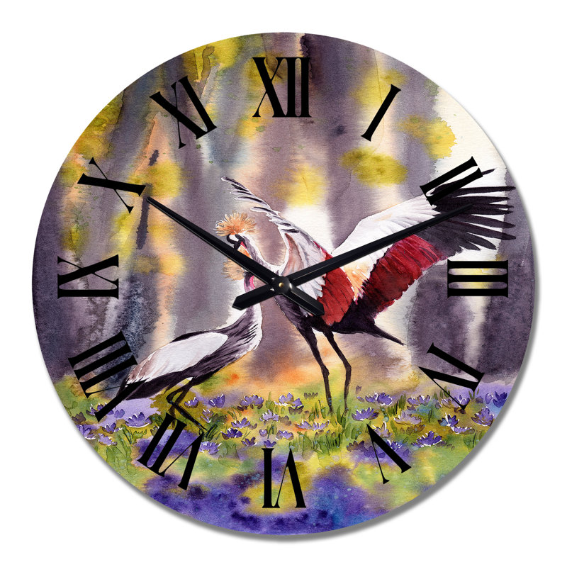 Deux grues couronnées dansant dans une clairière ensoleillée - Horloge murale traditionnelle, Moyen