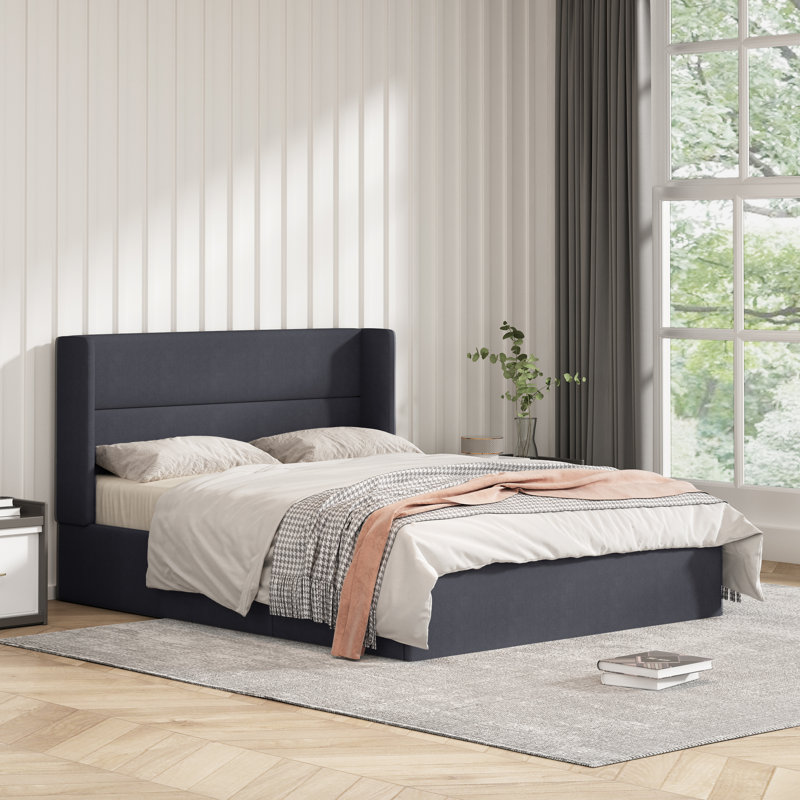 Annek Upholstered Bed Frame with Lift Up Storage, 40.9"H Wingback Headboard, Wood Slats & Metal Frame, Multiple Sizes & Fabric Options Available