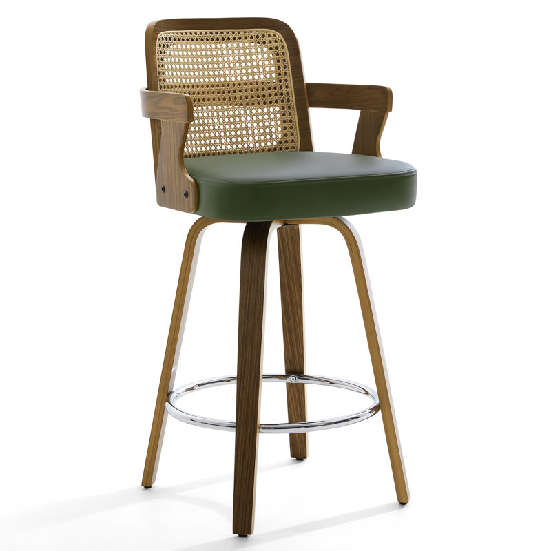 26.77" Upholstered Cane Back Counter & Bar Stool With Armrest, Green, 1