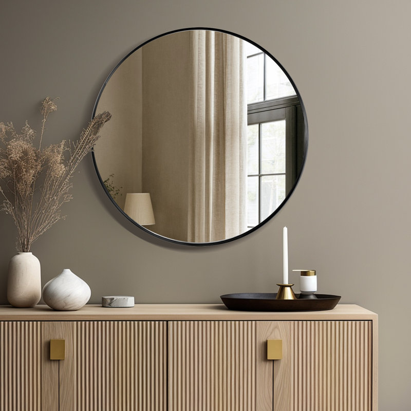 Karrina Round Metal Accent Mirror, Black, 32" x 32"