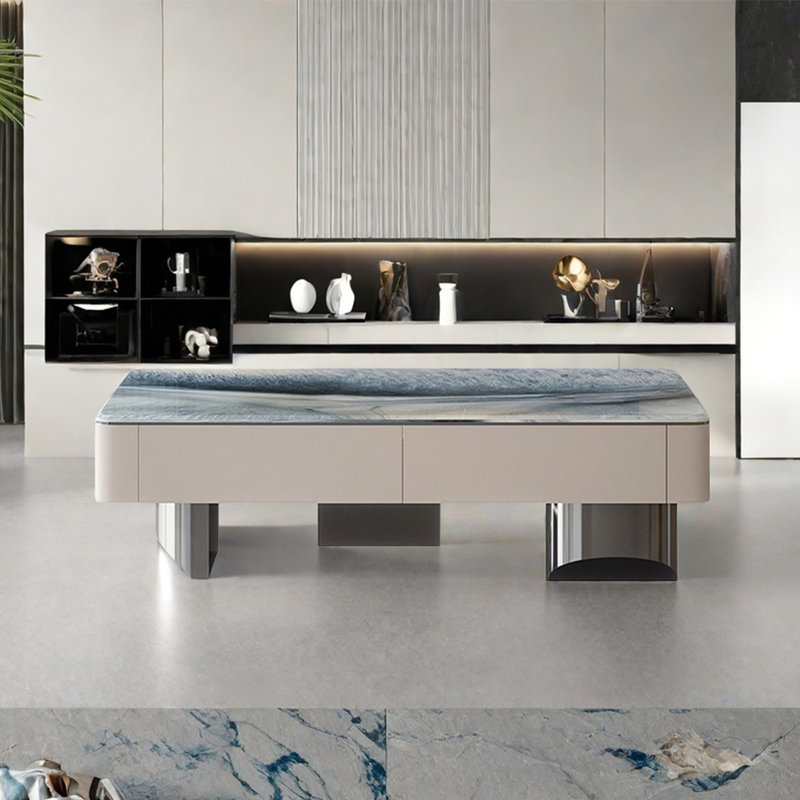 Table basse rectangulaire en pierre micro-cristalline, H 17,7 po x L 55,1 po x l 27,6 po, Bleu/gris