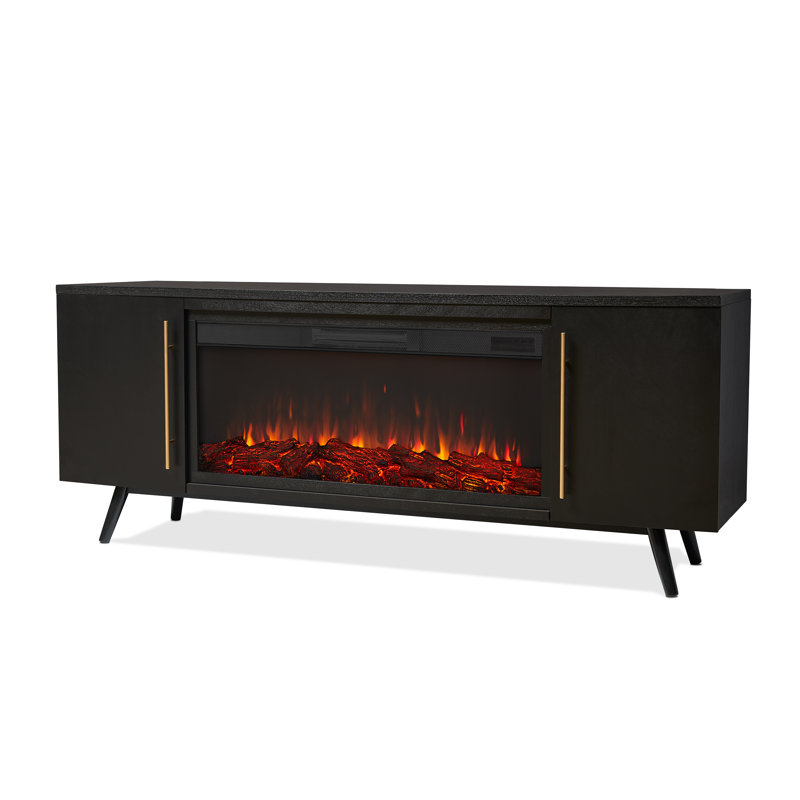 Morris 72" Mid-Century TV Stand with Electric Fireplace by Real Flame, Black, Standard