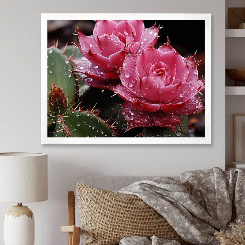 Fleurs de cactus rose - art mural floral cactus, Cadre de coin blanc fermé, H 16 po x l 32 po x P 1 po