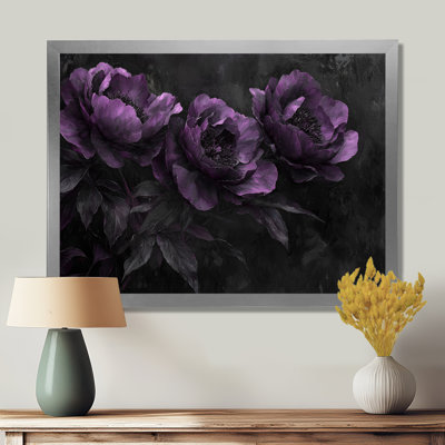 Mauve, noir, pivoines, minuit, fleur, pivoines, art mural encadré