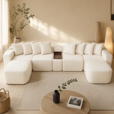 Canapé en U 137,5 po, charge USB et sans fil, table basse avec porte-gobelet, canapé mobile surdimensionné, repose-pieds mobile, 6 sièges, velours côtelé, beige