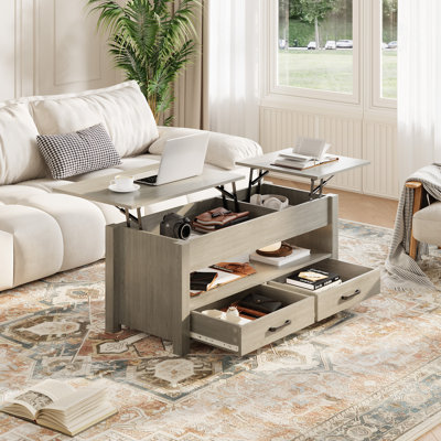Coffee Table Lift Top, Convertible Coffee Table with Wooden Lift Tabletop, 2 Drawers and Hidden Compartment