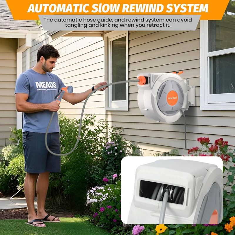 Retractable Garden Hose 5/8" x 65ft. Wall Mounted with Automatic Rewind. 9-Pattern Sprayer Nozzle. Adjustable Length Lock. Durable Outdoor Use