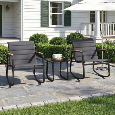 3-Piece All-Weather Outdoor Rocking Bistro Set, 2 Ergonomic Porch Rocker Chairs With Smooth Glide Structure, 1 Sturdy Small Side Table, Suitable For Porch, Backyard, Patio