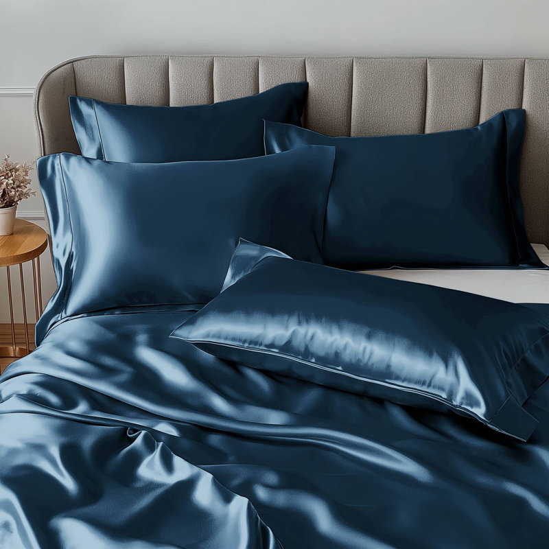 Satin Midnight Blue 100% Satin Luxury Wrinkle Resistant 6-Piece Full Sheet Set, Full Sheet Set + 4 Standard Pillowcases