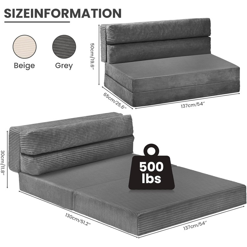 Canapé-lit pliant, canapé-lit convertible avec matelas pliable Pilow, canapé-lit escamotable 2 en 1, chaise pliante portative, canapé-lit confortable, salon, chambre à coucher, gris