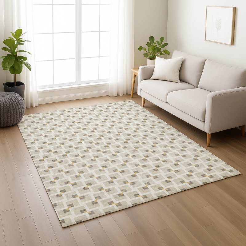 Tapis géométrique intérieur / extérieur lavable à la machine Chantille ACN2602, Beige, 9 pi x 12 pi