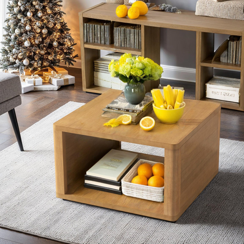 Table basse carrée Farmhouse avec rangement à 2 niveaux, Bois naturel