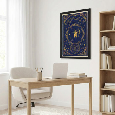 Tableau sur toile tendue représentant la constellation du Sagittaire, orné de détails dorés et d'un motif céleste, idéal pour la décoration intérieure et les passionnés d'astrologie.