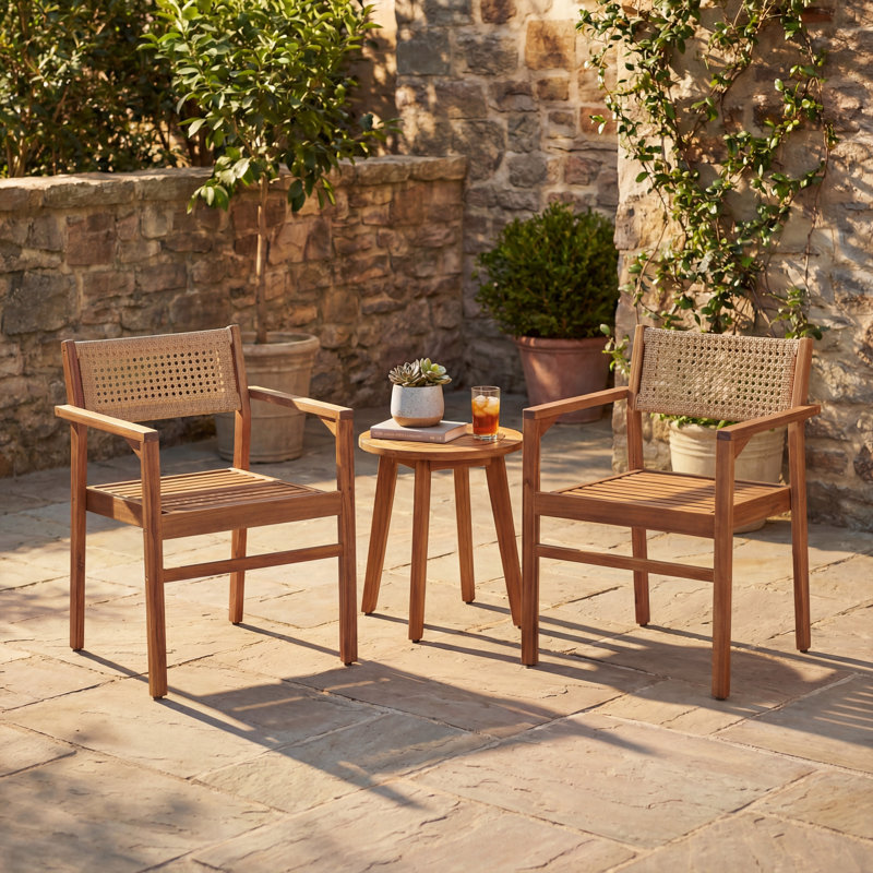 Chaises de salle à manger d'extérieur sans accoudoirs modernes en bois d'acacia avec dossier en osier PE, 4, Natural Stained