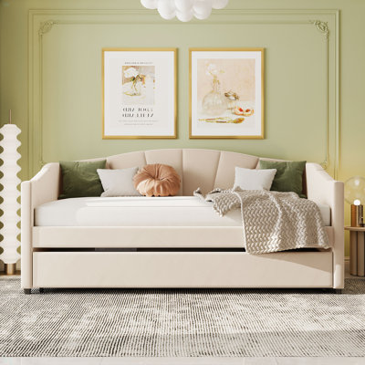 Upholstered Daybed Sofa Bed Twin Size With Trundle Bed And Wood Slat by Everly Quinn