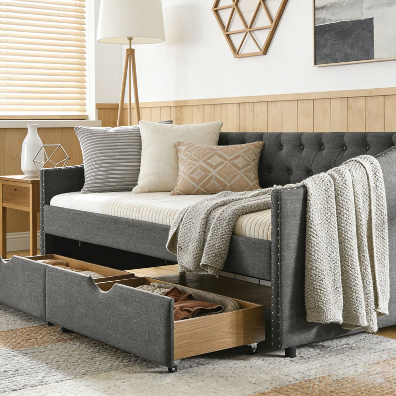 Canapé-lit rembourré capitonné, Lit simple, Gris foncé