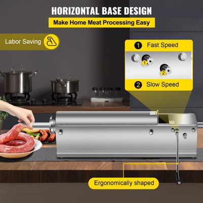 Manual Sausage Stuffer, 7 L / 15 LBS Horizontal Sausage Machine, Made of Food-Grade 304 Stainless Steel, Includes 5 Stuffing Tubes, Dual-Speed Meat Stuffer
