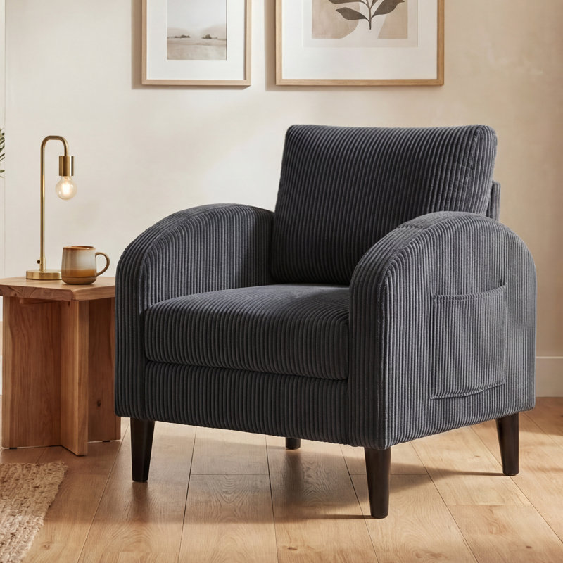 Fauteuil d'appoint moderne en velours côtelé avec poche latérale et fauteuil incurvé confortable, DarkGray