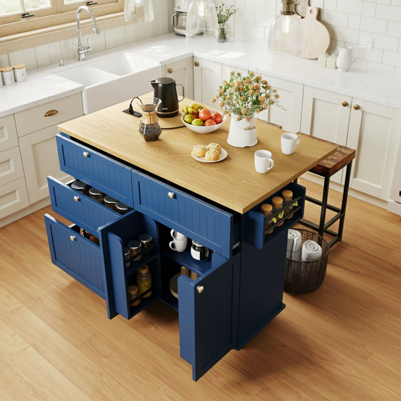 Ensemble d'îlot de cuisine 3 pièces avec 2 tabourets, table de cuisine à abattants avec prise de courant et armoire de rangement 3 pièces