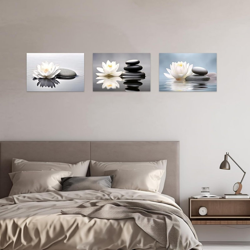 Œuvre blanche sur toile pavée lotus blanc 16 x 12 en 3 pièces