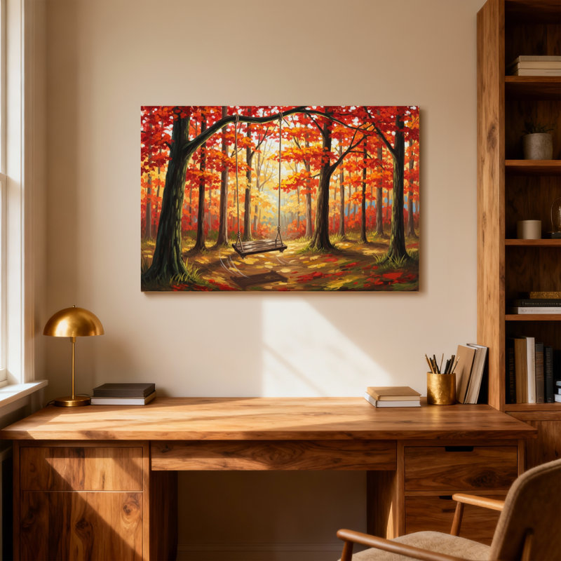 Paysage et nature, forêt d'automne, balançoire, peinture, H 32 po x l 48 po