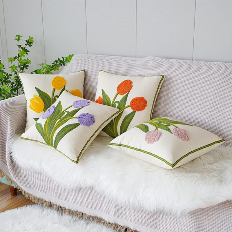 Set Of 2 18X18 Floral Tulip Embroidered Decorative Cushion Cases, Soft Cotton Farmhouse Decor For Sofa, Couch, Bed & Office (Tulip Yellow)