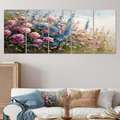 «Country Side Bloom of Peones And Wildflowers II» - Art mural sur toile - Art mural traditionnel sur toile