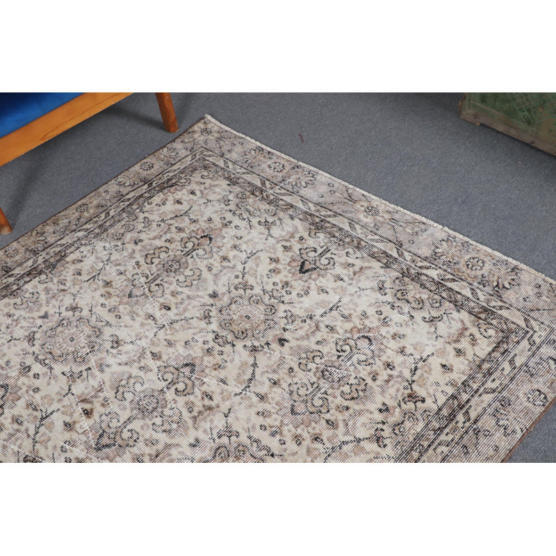Tapis vintage en laine Oushak avec pompons beige rétro pour décoration de salle à manger Boho