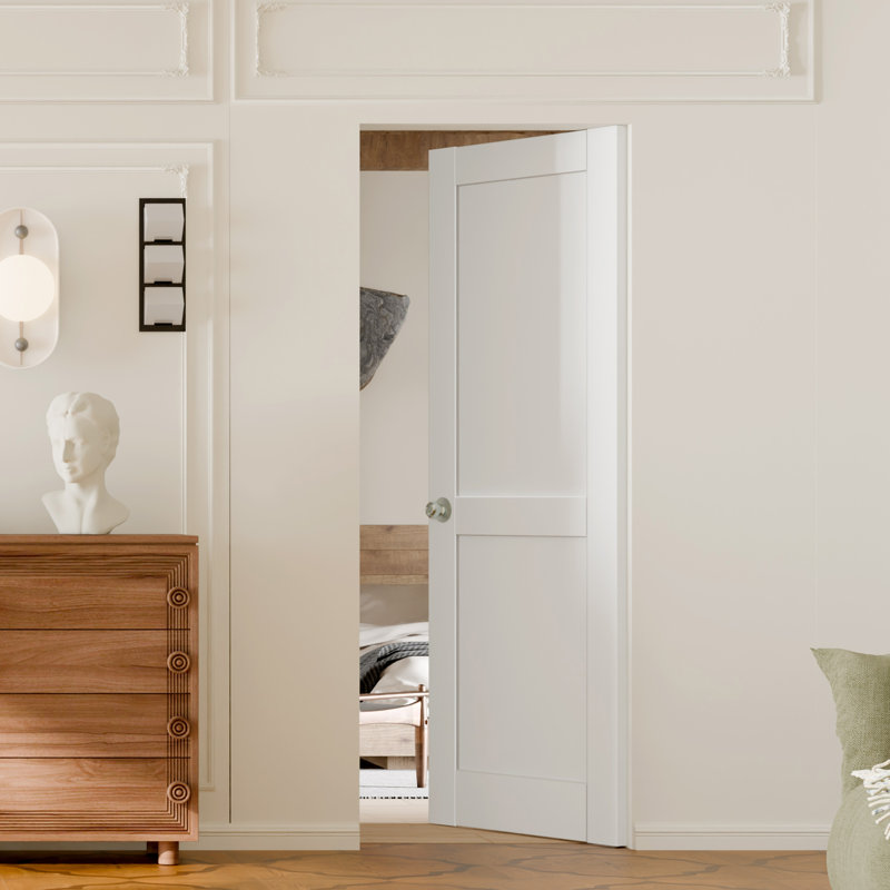 Interior Slab Door - 2 Panel White MDF Shaker Style Pre-Primed Paintable Door With Handle, Hardware Not Included, 28" x 80"