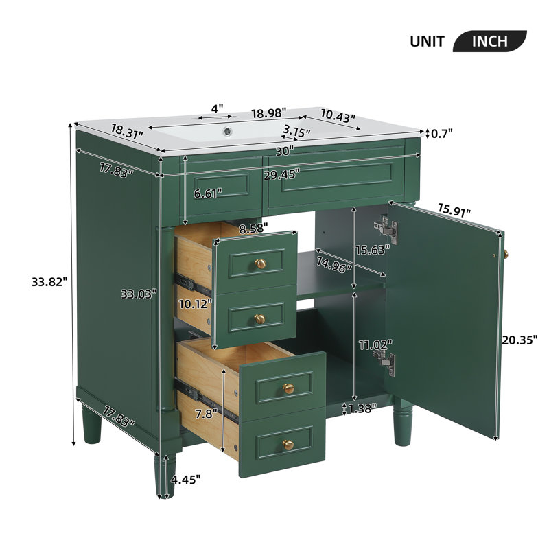  Meuble-lavabo sur pied 30 po avec lavabo, armoire de rangement autoportante avec 2 tiroirs et porte à fermeture douce, vert