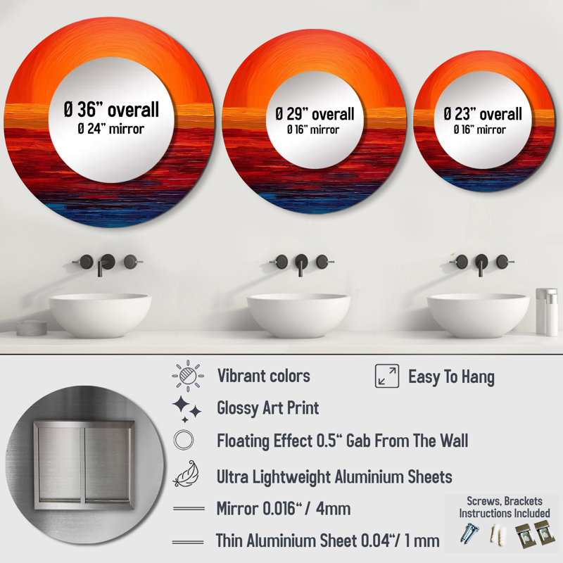 Orange Yellow Golden Sunset III - Sunset Mirror, Orange Round Decorative Wall Mirror, Printed Metal Art, 36" x 36"