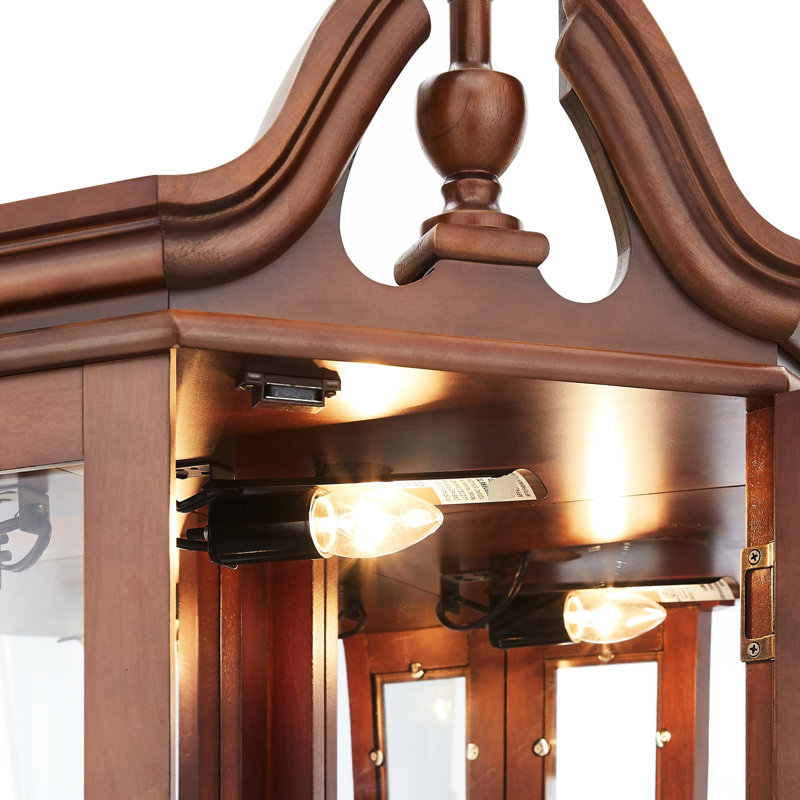 Vitrine en noyer avec dossier en miroir, tablettes réglables et lumières d'angle avec système d'éclairage, panneau arrière
