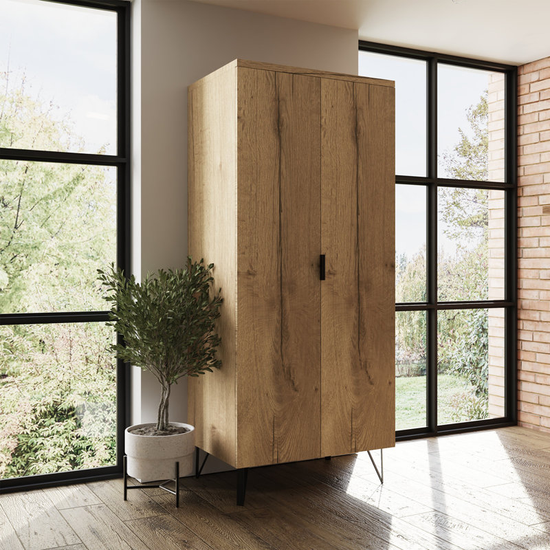 Kresge 2 Door Double Wardrobe. Cracked Oak Effect. Contemporary Black Metal Hair Pin Legs
