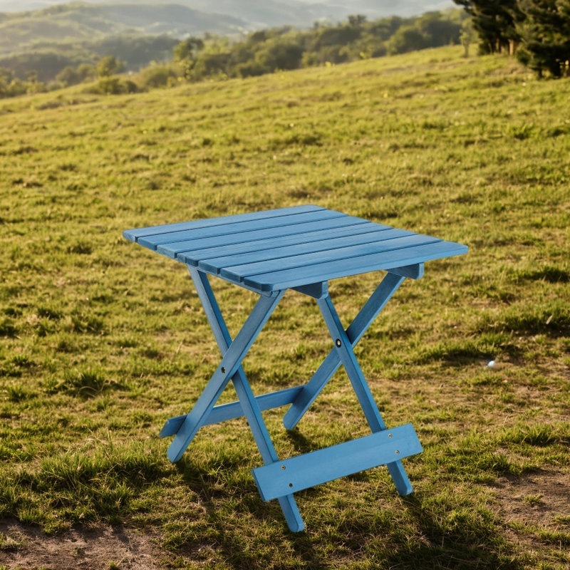 Blue Folding Solid Wood Table For Patio, Backyard - Portable, Space Saving Portable Outdoor Spaces Backyard, Balcony