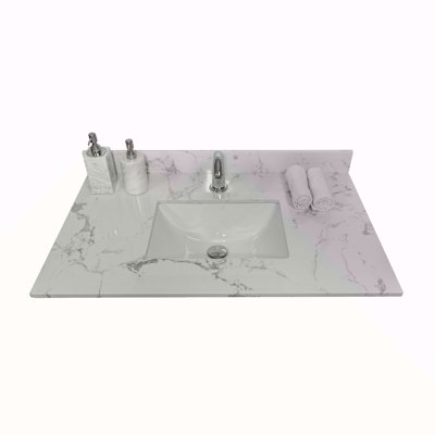 Dessus de meuble-lavabo en pierre Montary blanc de style nouveau de 37 po avec lavabo rectangulaire encastré en céramique et trou de robinet simple Montary