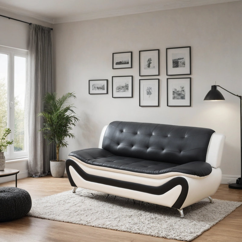76.5'' Faux Leather Minimalist Sofa, Black/White