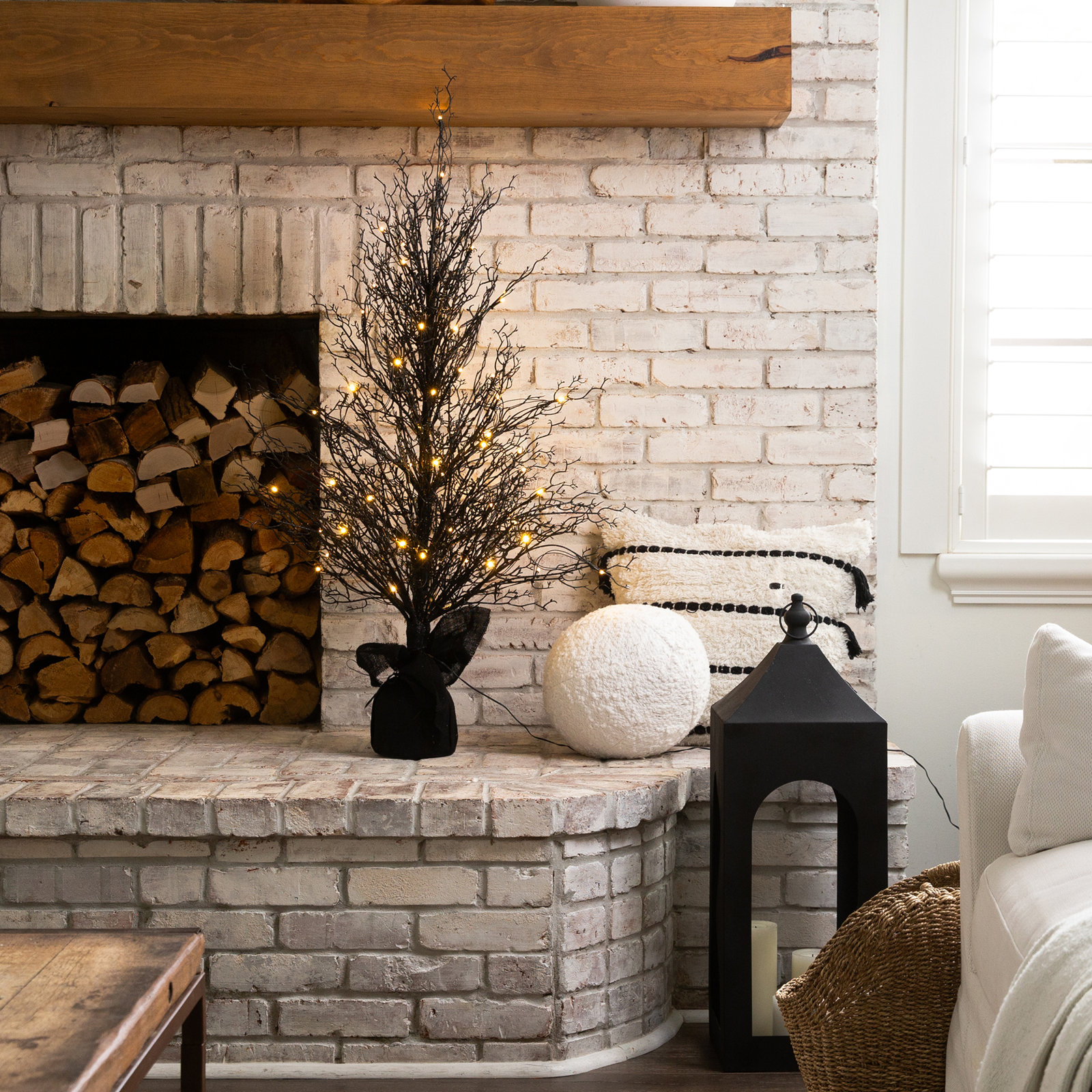 Pre-Lit Halloween Black Twig Artificial Fall Tree in Burlap Planter, 48" H x 18" W x 18" D